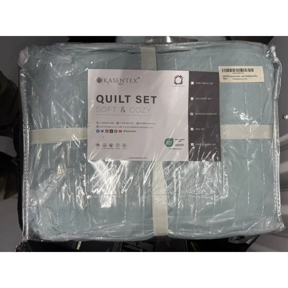 Kasentex Velvet Quilt Set Luxury Quilt 3PC Set Oversized Queen Lake Blue